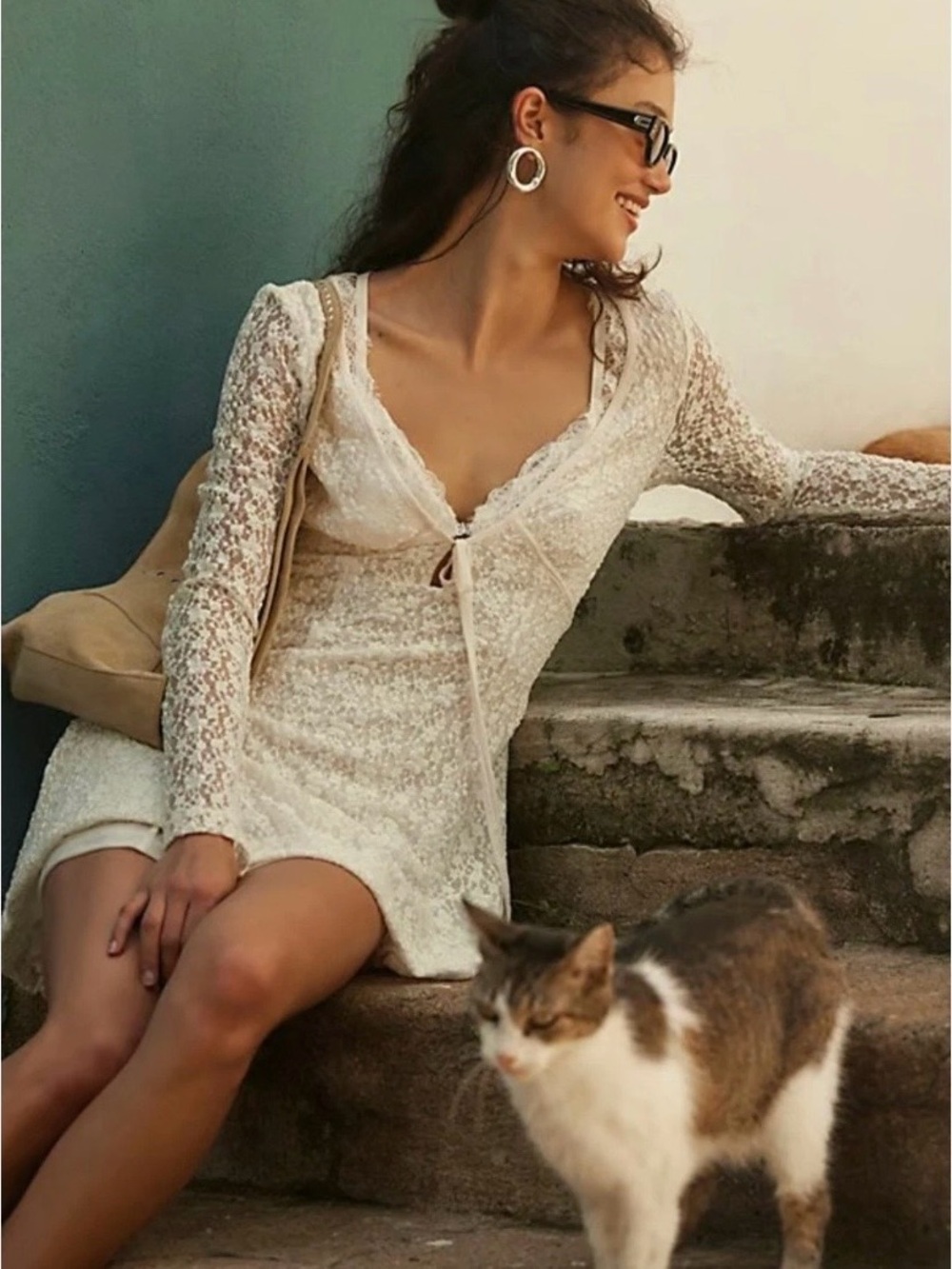 Free People Cream Lace Tie-Front Mini Dress